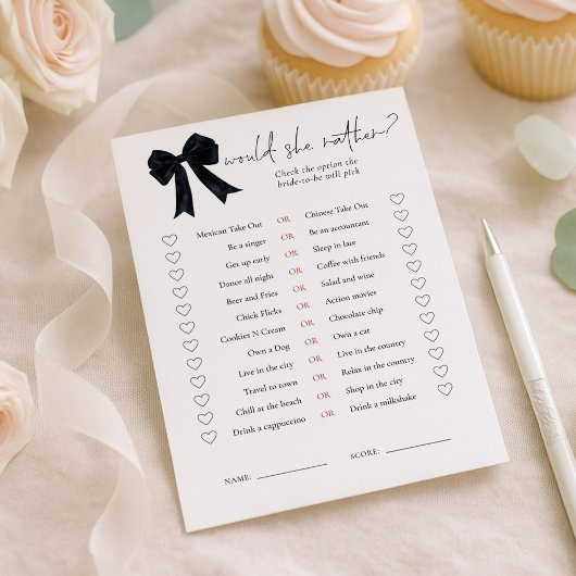 Black Bow Would She Rather Bridal Shower Game Card Kaart