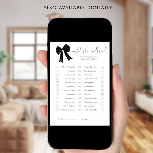 Black Bow Would She Rather Bridal Shower Game Card Kaart