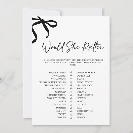 Black Bow Would She Rather Bridal Shower Game Kaart (Voorkant)