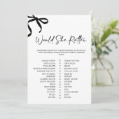 Black Bow Would She Rather Bridal Shower Game Kaart (Staand voorkant)