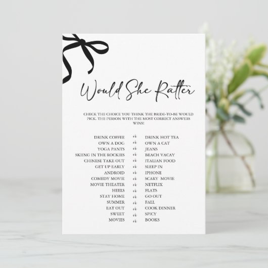 Black Bow Would She Rather Bridal Shower Game Kaart (Staand voorkant)