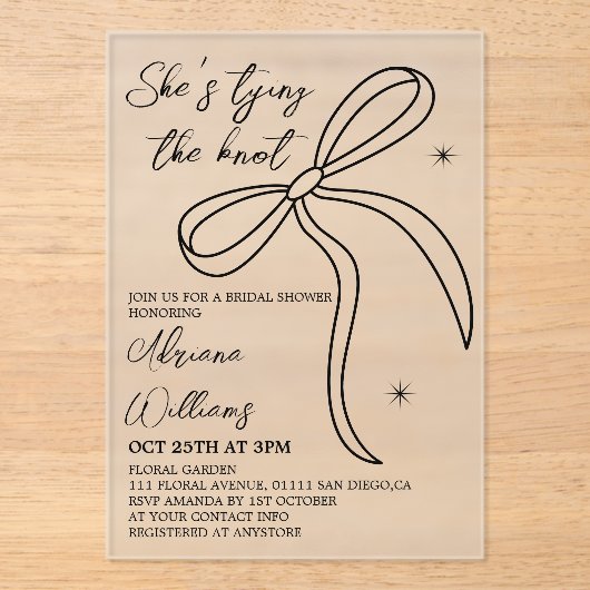 Black Bow Ze bindt het knoop Vrijgezellenfeest Acryl Uitnodigingen (Voorkant)