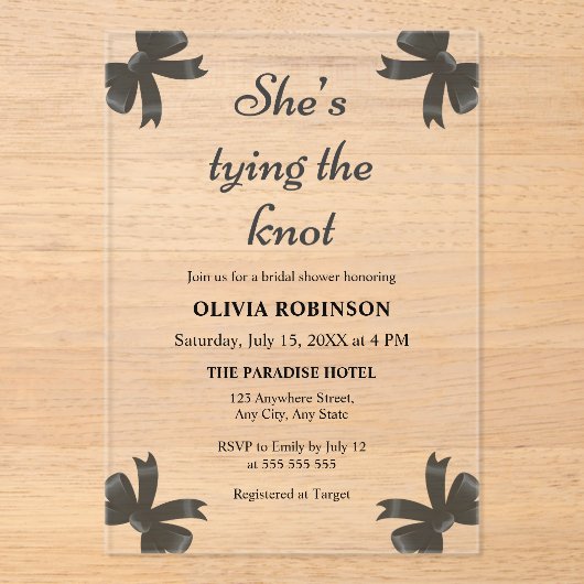 Black Bow Ze is de knoop Vrijgezellenfeest Acryl Uitnodigingen (Voorkant)