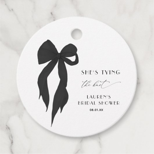 Black Bow Ze is de knoop Vrijgezellenfeest Bedankjes Labels (Voorkant)