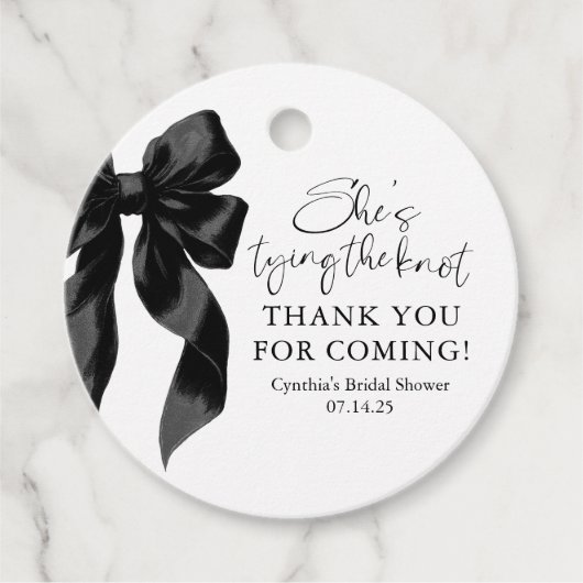 Black Bow Ze is de knoop Vrijgezellenfeest Bedankjes Labels (Voorkant)