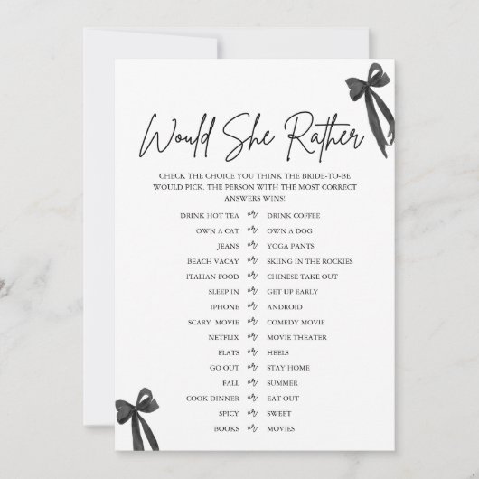 Black Bow zou ze liever Vrijgezellenfeest spel Kaart (Voorkant)