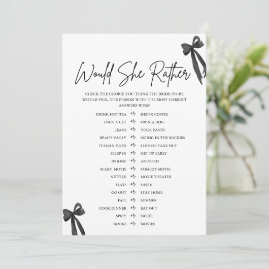 Black Bow zou ze liever Vrijgezellenfeest spel Kaart (Staand voorkant)