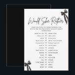 Black Bow zou ze liever Vrijgezellenfeest spel Kaart<br><div class="desc">De Black Bow Zou Ze Liever Vrijgezellenfeest Game voegt een stijlvolle en leuke draai aan uw vrijgezellenfeest festiviteiten. Met een chique ontwerp van de zwarte boog, laat dit spel gasten de voorkeuren van de bruid-to-be raden met onderhoudende "Zou ze liever" vragen. Het is een luchtige en interactieve manier om iedereen...</div>