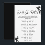 Black Bow zou ze liever Vrijgezellenfeest spel Kaart<br><div class="desc">De Black Bow Zou Ze Liever Vrijgezellenfeest Game voegt een stijlvolle en leuke draai aan uw vrijgezellenfeest festiviteiten. Met een chique ontwerp van de zwarte boog, laat dit spel gasten de voorkeuren van de bruid-to-be raden met onderhoudende "Zou ze liever" vragen. Het is een luchtige en interactieve manier om iedereen...</div>