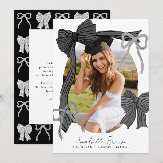 Black Bows Photo Message Graduation Announcement Kaart (Voorkant / Achterkant)