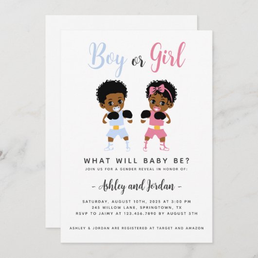 Black Boxing Baby's Geslacht Onthulling Uitnodigin Kaart (Voorkant / Achterkant)