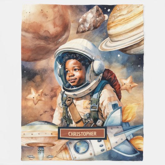 Black Boy Astronaut Deken Waterverf Space Gift (Voorkant)