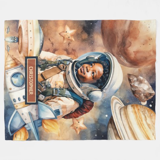 Black Boy Astronaut Deken Waterverf Space Gift (Voorkant (Horizontaal))