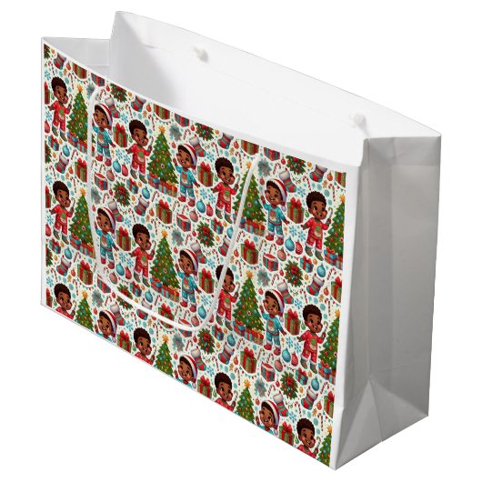 Black Boy Holiday Joy Gift Bag Groot Cadeauzakje (Voorkant Gekanteld)