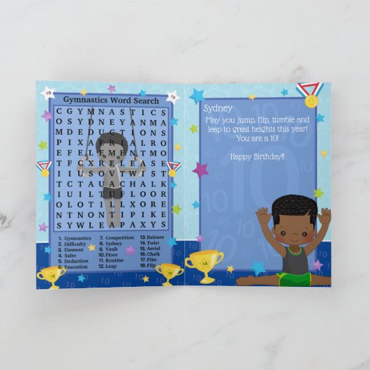 Black Boys Gymnastics Word Search Happy Birthday Kaart (Binnen)