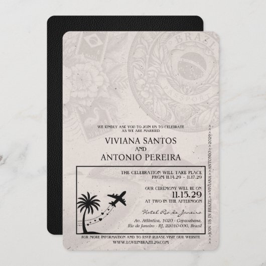 Black Brazil Passport Wedding Invitation Kaart (Voorkant / Achterkant)