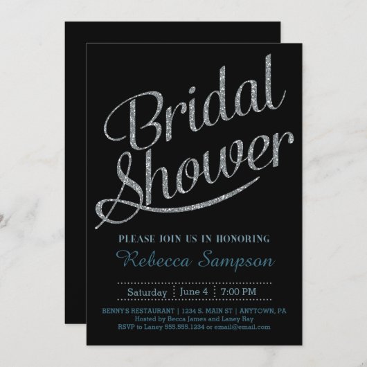 Black Bridal Shower Invitation - Zilver Script Kaart (Voorkant / Achterkant)