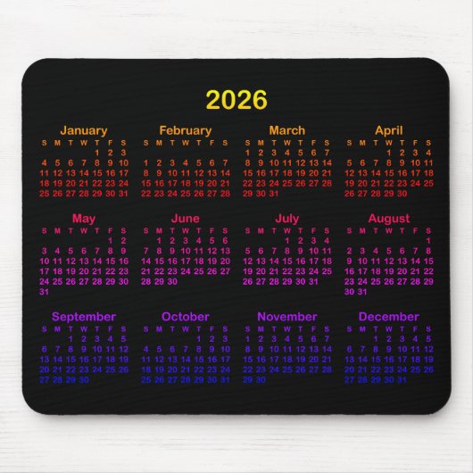 Black Bright Rainbow Gradient 2026 Calendar Muismat (Voorkant)