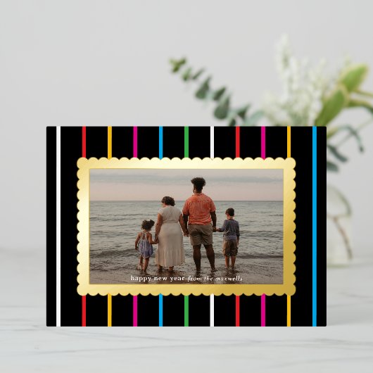 Black Bright Stripes and Scallops Landscape Photo Folie Feestdagenkaart (Staand Voorkant)