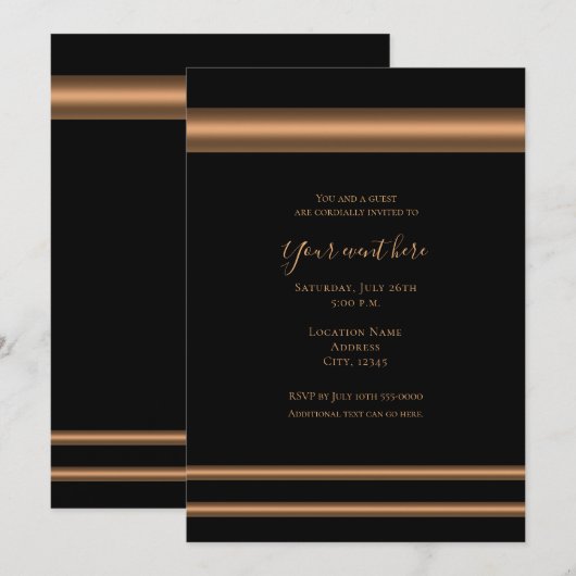 Black Bronze Copper Elegant Dinner Party Event Kaart (Voorkant / Achterkant)