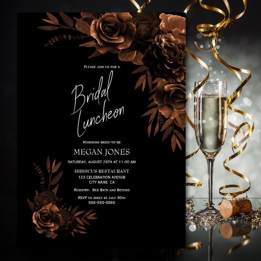 Black Bronze Floral Bridal Luncheon Invitation Kaart