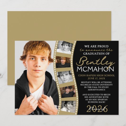 Black & Bronze Photo Filmstrip Afstudeerder Aankon Kaart (Voorkant / Achterkant)