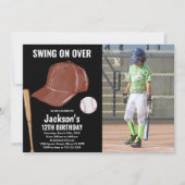 Black Brown Baseball Birthday Uitnodigingen met fo (Voorkant)