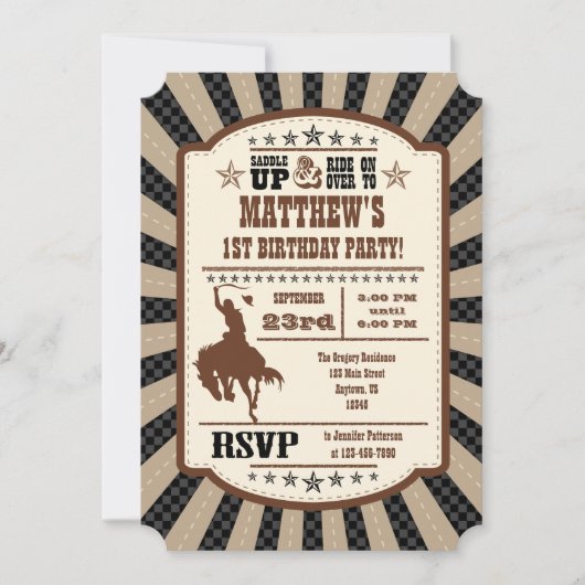 Black Brown Cowboy Rodeo Birthday Party Invitation Kaart (Voorkant)