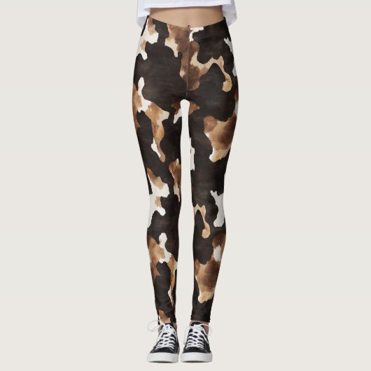 Black Brown Cream Cow Print Leggings (Voorkant)