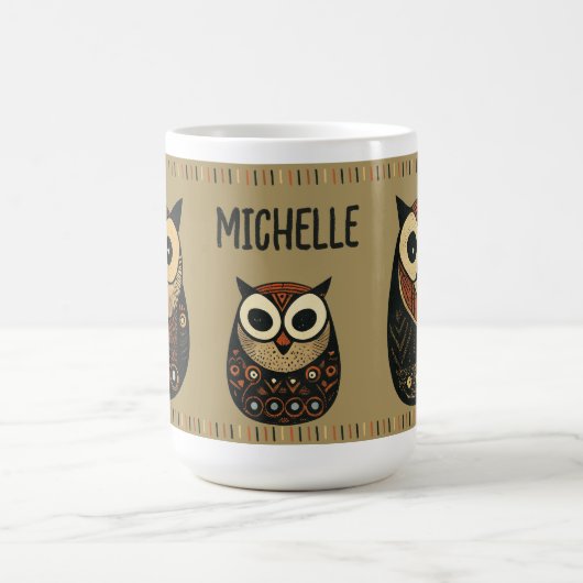 Black Brown Folk Art Owl Aangepaste naam Koffiemok (Center)