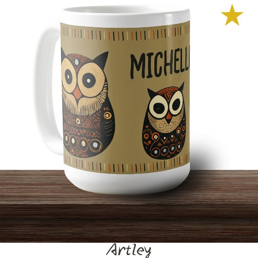Black Brown Folk Art Owl Aangepaste naam Koffiemok