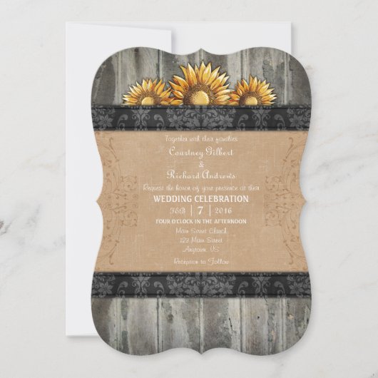 Black Brown Rustic Sunflower Wedding Invite Kaart (Voorkant)
