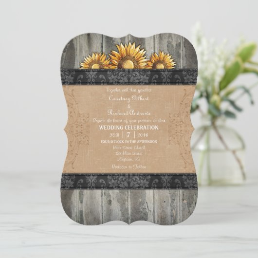 Black Brown Rustic Sunflower Wedding Invite Kaart (Staand voorkant)