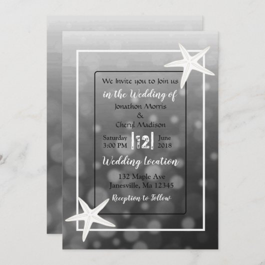 Black Bubbles Starfish Beach Wedding Invitting Kaart (Voorkant / Achterkant)