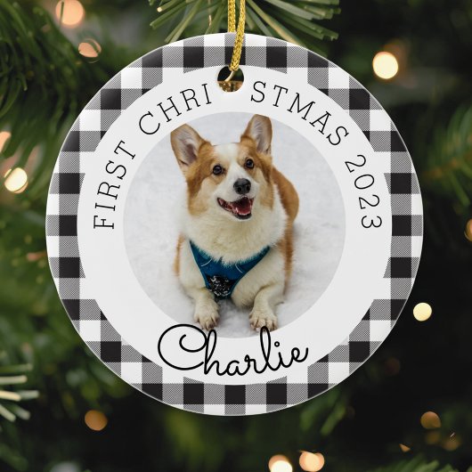 Black Buffalo Check Pet's eerste kerstfoto Keramisch Ornament