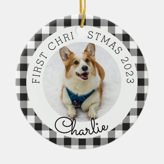 Black Buffalo Check Pet's eerste kerstfoto Keramisch Ornament (Voorkant)
