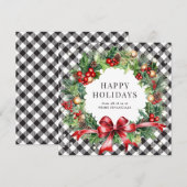 Black Buffalo Plaid Krans Holly Berries Business Feestdagenkaart (Voorkant / Achterkant)