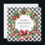 Black Buffalo Plaid Krans Holly Berries Business Feestdagenkaart<br><div class="desc">Zwarte en witte buffalo plaid visitekaartje met een waterverf krans van takken,  hulst,  bessen,  ornamenten en kegels op een zwart-witte buffalo plaid achtergrond versierd met sterren. Personaliseer deze elegante visitekaartje eenvoudig met uw bedrijfsnaam.</div>