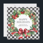 Black Buffalo Plaid Krans Holly Berries Business Feestdagenkaart<br><div class="desc">Zwarte en witte buffalo plaid visitekaartje met een waterverf krans van takken,  hulst,  bessen,  ornamenten en kegels op een zwart-witte buffalo plaid achtergrond versierd met sterren. Personaliseer deze elegante visitekaartje eenvoudig met uw bedrijfsnaam.</div>