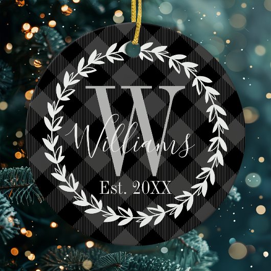 Black Buffalo Plaid Monogram Krans Kerstmis Keramisch Ornament