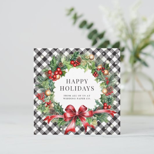 Black Buffalo Plaid Sterren Holly Berries Business Feestdagenkaart (Staand voorkant)