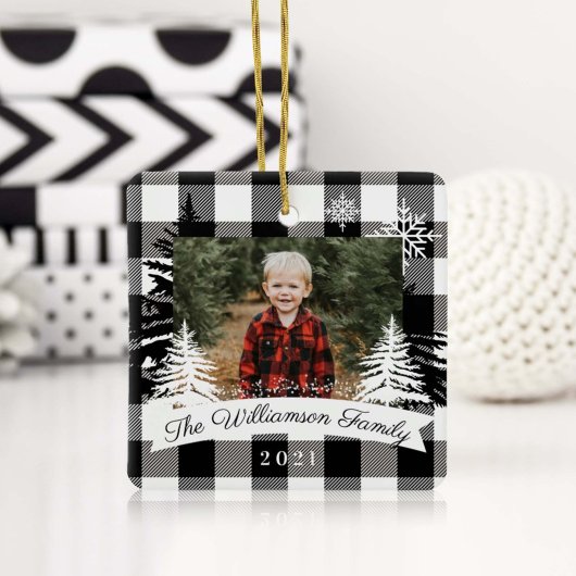 Black Buffalo Pset Rustic Pine Tree Familie Foto Keramisch Ornament