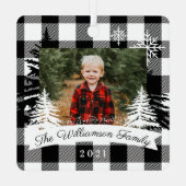 Black Buffalo Pset Rustic Pine Trees Familie Foto Metalen Ornament (Achterkant)