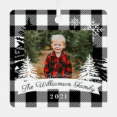 Black Buffalo Pset Rustic Pine Trees Familie Foto Metalen Ornament (Voorkant)