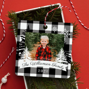 Black Buffalo Pset Rustic Pine Trees Familie Foto Metalen Ornament