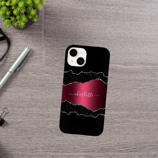 Black burgundy agate marmer name script Case-Mate iPhone case