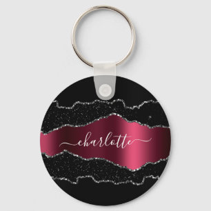 Black burgundy agate marmer name script sleutelhanger