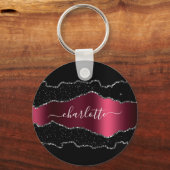 Black burgundy agate marmer name script sleutelhanger (Voorkant)