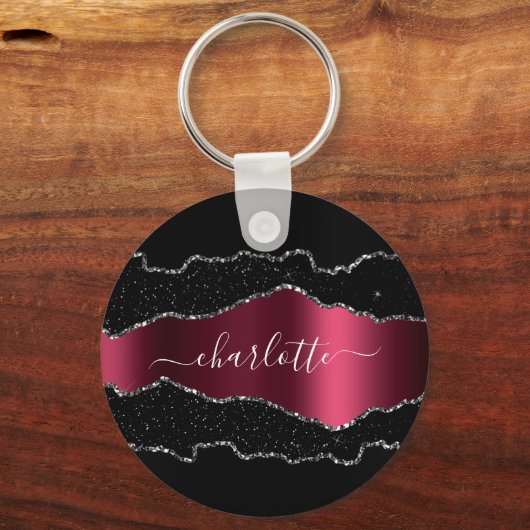 Black burgundy agate marmer name script sleutelhanger (Voorkant)