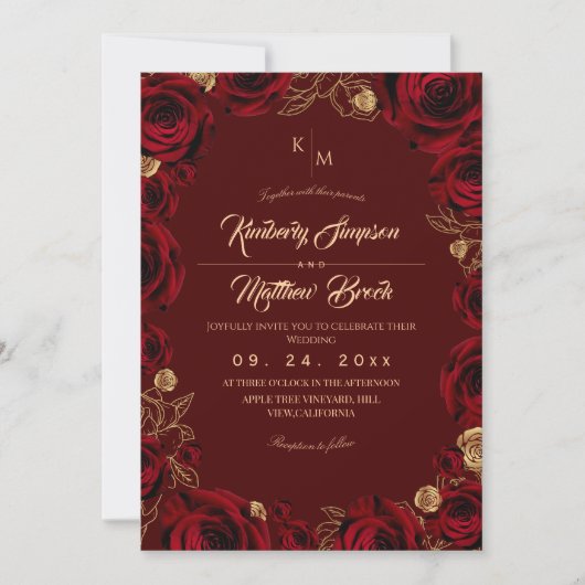 Black Burgundy and Gold Rose Floral Boho Wedding Kaart (Voorkant)